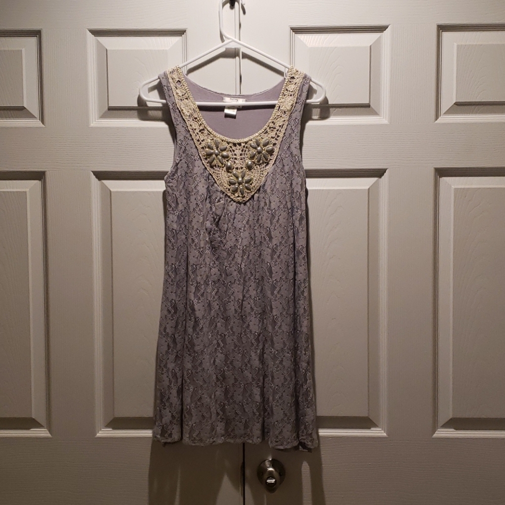Gray lace shift dress with crochet/beaded trim